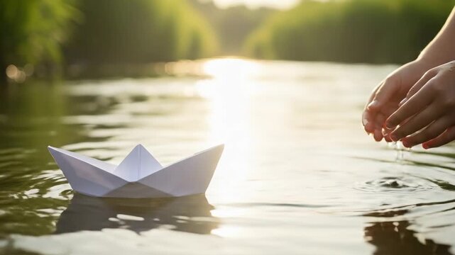Child's hands launching a paper boat onto calm river water at sunset. Childhood dream and adventure concept.