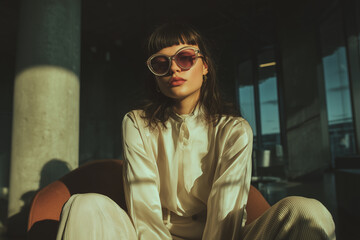 Futuristic portrait woman fashion sunglasses indoor sunlight modern style, seated in loft by window light, wearing silky blouse, calm confident mood, editorial look