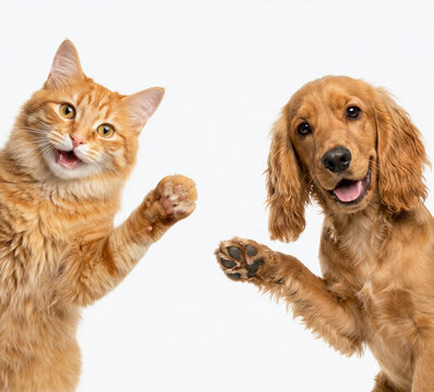 Pure playful energy. Cute cat and young English cocker spaniel dog giving high five, happy pets playing together isolated on white background. Concept of friendship, action and positive emotion