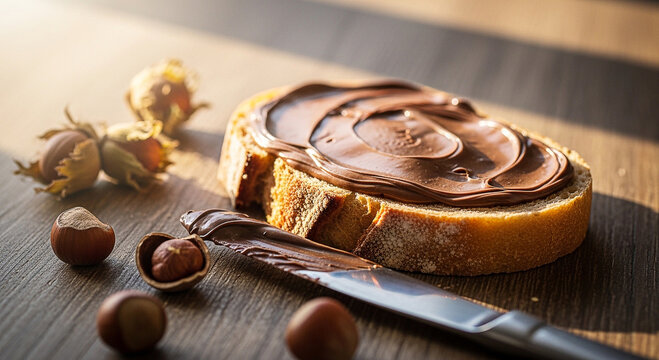 A rustic wooden breakfast table with a fresh slice of bread generously spread with glossy Nutella, a butter knife resting beside it, soft morning sunlight streaming through a window, world nutella day