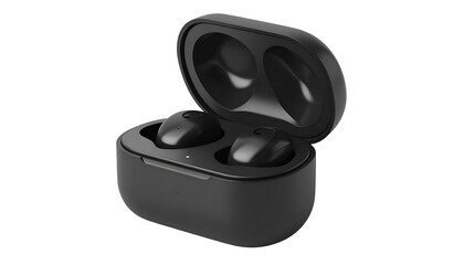 Naklejka premium Black wireless earbuds with open charging case, isolated on black background