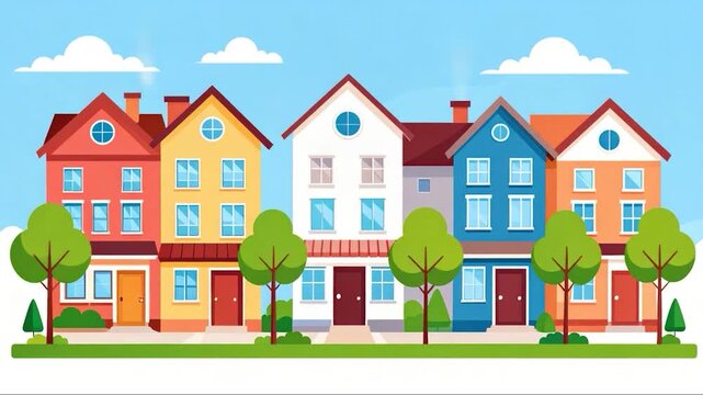 A row of colorful houses with trees, smoke and clouds on a sunny day