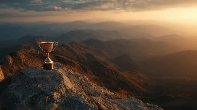 At dusk, a golden trophy sits atop a mountain. Represents achievement, victory, and the zenith of success