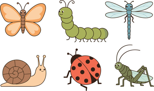 Simple cute cartoon garden insects and snail set with butterfly caterpillar dragonfly ladybug and grasshopper vector