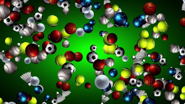 Dynamic 3D Render of Various Sports Balls Falling on Green Background