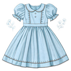 Light Blue Vintage Style Dress with Puff Sleeves & Peter Pan Collar on transparent background