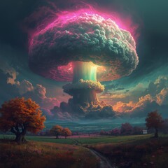 Mystical glowing giant mushroom amidst a whimsical forest landscape