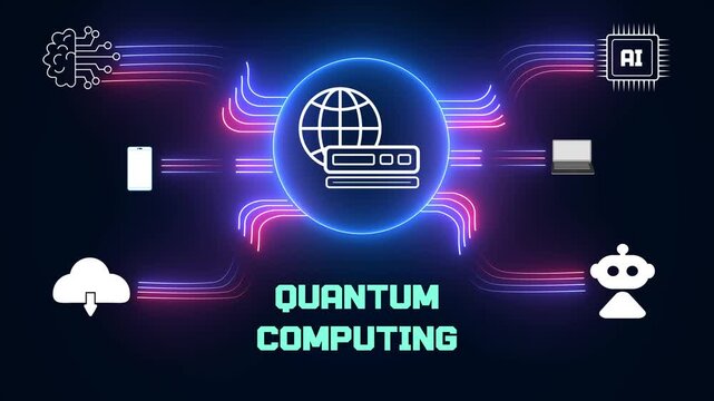Quantum computing research for advanced science documentaries and futuristic supercomputer technology videos, digital data processing loop