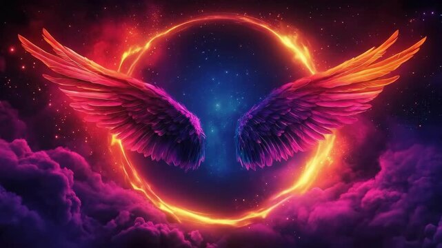 Vibrant neon angel wings in cosmic sky with glowing circle of light. Black Friday sale