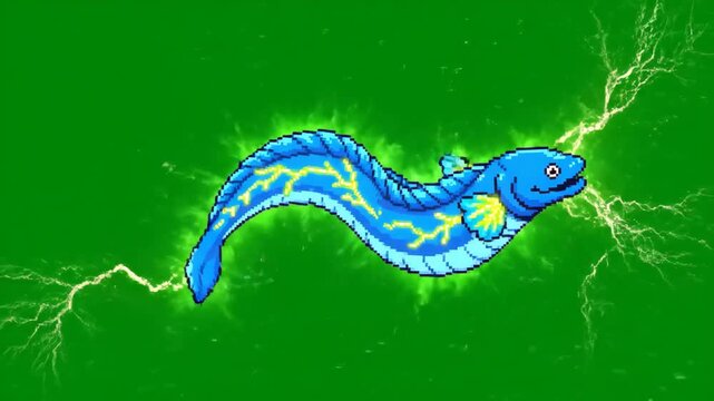 Pixel Art Electric Eel Dancing with Electric Pulses on Chroma Key Background