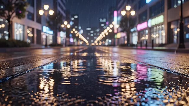 Empty Wet City Street at Night with Elegant Reflections and Modern Buildings