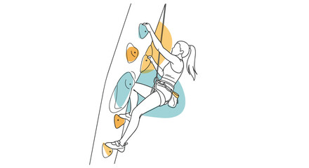 Obraz premium Artistic line drawing with colorful abstract shapes shows a determined woman climbing up a vertical rock wall at an indoor gym facility.