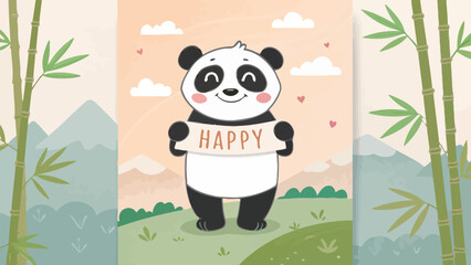 Naklejka premium Cute panda holding happy sign in serene natural landscape