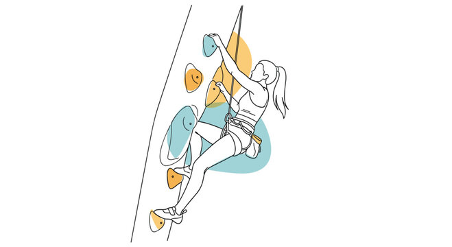 Artistic line drawing with colorful abstract shapes shows a determined woman climbing up a vertical rock wall at an indoor gym facility.