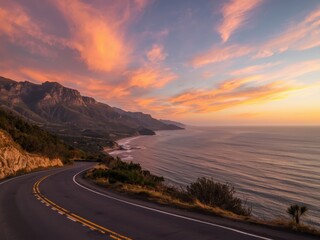 Scenic coastal road at golden hour with breathtaking ocean and mountain views