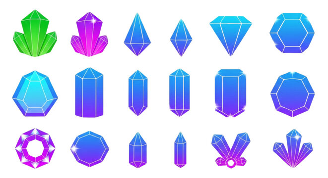 A set of colorful crystal icons in various shapes and sizes on a white background