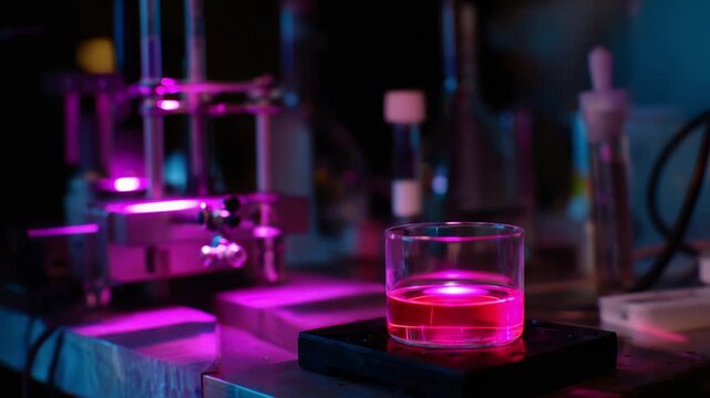 Illuminated Laboratory Experiment: A Close-Up of a Researcher Adding a Vividly Colored Liquid from a Pipette into a Glass Container, Surrounded by Equipment in a Brightly Lit Scientific Environment