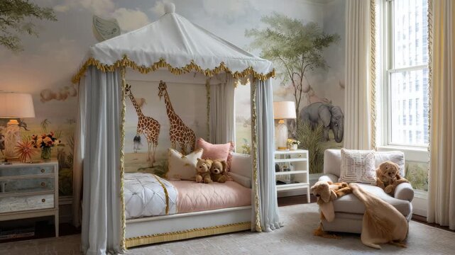 Children's room with a canopy bed and animal wall art featuring giraffes and elephants in an urban setting during daytime