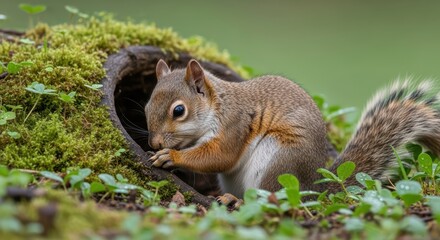 Fototapeta premium Curious squirrel exploring its woodland habitat on a mossy tree stump in a peaceful forest setting