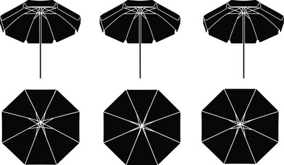 Black beach umbrella collection, top and side views, minimalist outdoor parasol set, isolated design for summer shade concept on white © MdAnoar