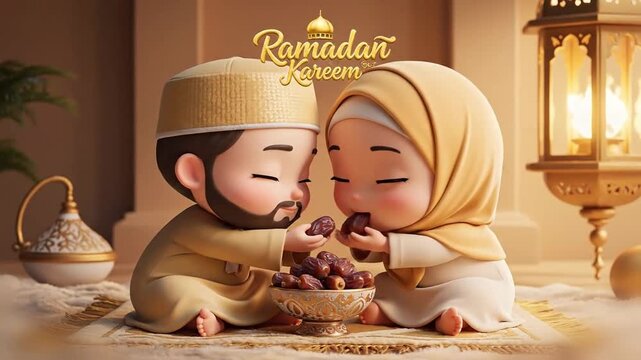 Chubby kawaii muslim couple sitting on soft prayer mat sharing dates plush animation warm lantern light calm ramadan loop