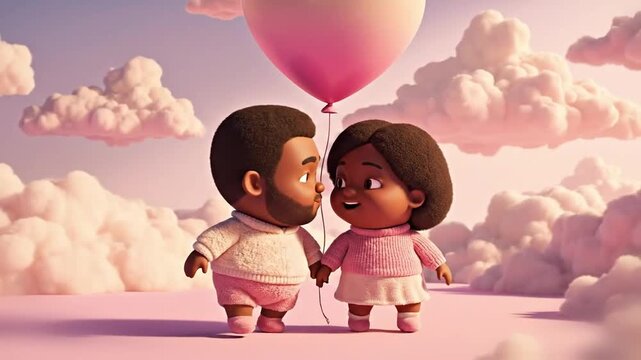 Cute chubby 3D animation couple walking hand in hand oversized heads tiny bodies heart balloon bobbing pastel pink cream dreamy romantic loop
