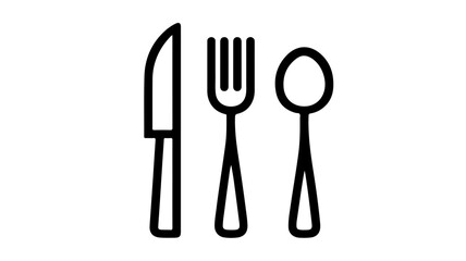 Minimalist black line icon of a cutlery set with knife fork and spoon on white background for food and dining themes