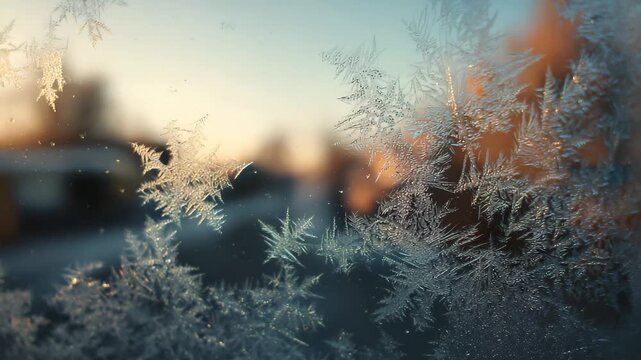 Frost patterns on a window as sunlight shines through during a chilly morning in winter