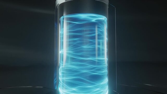 Futuristic abstract 3D animation tall transparent blue gradient glass pillar isolated minimal studio environment, internal flowing light waves suggesting data energy, realistic glass refraction, loop