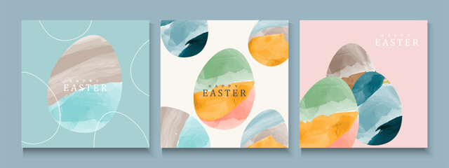 Happy Easter greeting card poster collection with Elegant and trendy design template for Easter holiday. minimalist Watercolor  background with eggs for ads, cover, social media  and web flayer. © bodonk