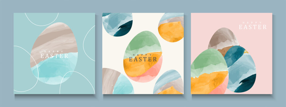 Happy Easter greeting card poster collection with Elegant and trendy design template for Easter holiday. minimalist Watercolor  background with eggs for ads, cover, social media  and web flayer.