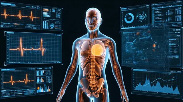 Human body scan with glowing internal organs and medical monitoring screens
