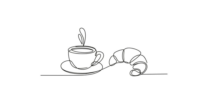 A continuous line art drawing of a steaming coffee cup and a delicious croissant representing breakfast time