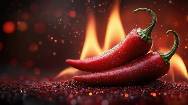 Fiery red chili peppers with flames and sparkling droplets in a spicy setting