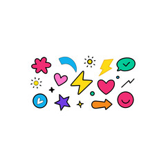 Collection of assorted colorful doodles on transparent background