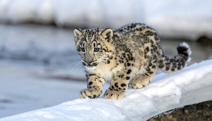 Obraz premium Snow leopard cub walking on snow.