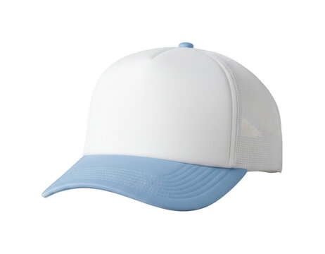 White and light blue trucker cap mockup isolated on transparent background