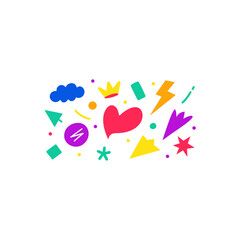 Assorted colorful shapes and decorations on transparent background