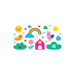Cartoonish illustration with happy elements on transparent background