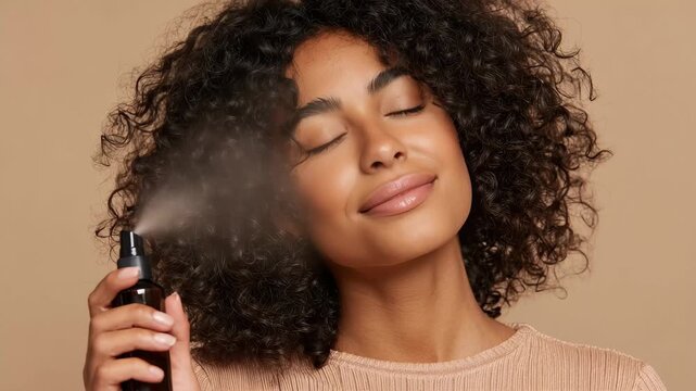 Woman applying hair spray in a light-colored room during daytime for styling and finishing touches
