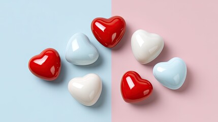 Obraz premium Colorful Heart-Shaped Decorative Objects in Shiny Red, White, and Light Blue Tones on a Soft Pastel Background for Valentine’s Day or Romantic Themes