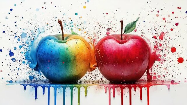 Vibrant multicolored apples with artistic paint splatter on white background