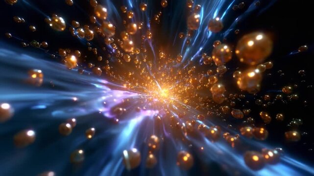 A breathtaking visual journey through a cosmic explosion of light and energy, displaying swirling particles and vibrant colors as they burst forth from an intense center, showcasing the beauty of the