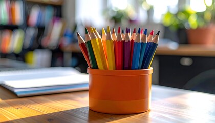Vivid colored pencils stand in an orange holder on a wooden table