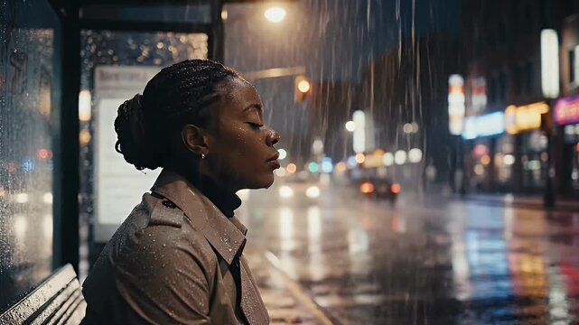 African American woman sitting at a bus stop on a rainy city night, deep in thought, with cityscape bokeh.