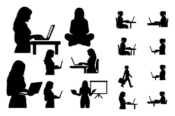 Woman on Laptop Silhouette Illustration Icon Sheet &ndash; Female Remote Work and Technology Set