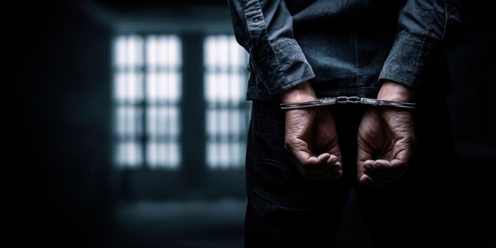 The handcuffed man standing with hands behind back in dim prison corridor