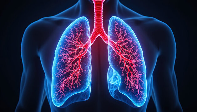 Illuminated visualization displays the human respiratory system organs within an anatomical torso