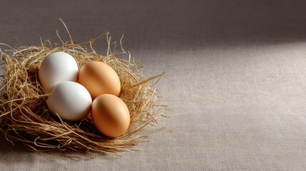 Four Fresh Eggs in a Natural Nest Surrounded by Straw on a Soft Neutral Background for Culinary and Farm-Related Art and Design