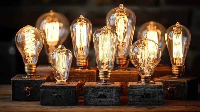 Vintage light bulbs shine brightly in a warm display at a local market during the evening hours of an autumn day